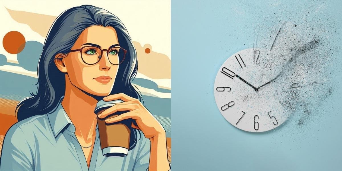 Ilustracion de una mujer con cafe en la mano observando un reloj y una taza 